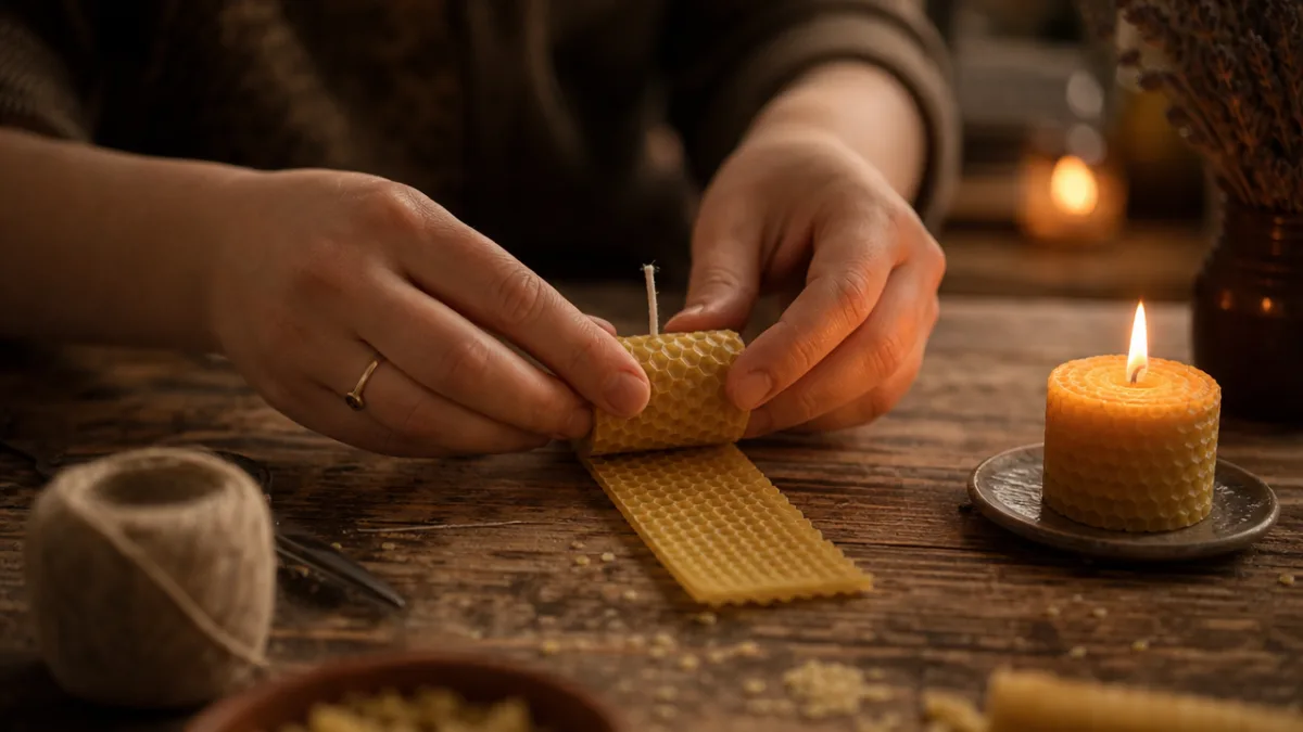 hands rolling a golden beeswax sheet into a votive candle on a…