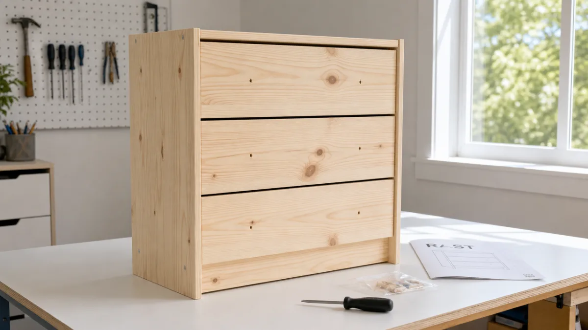 an unfinished pine IKEA RAST dresser on a clean white workshop table,…