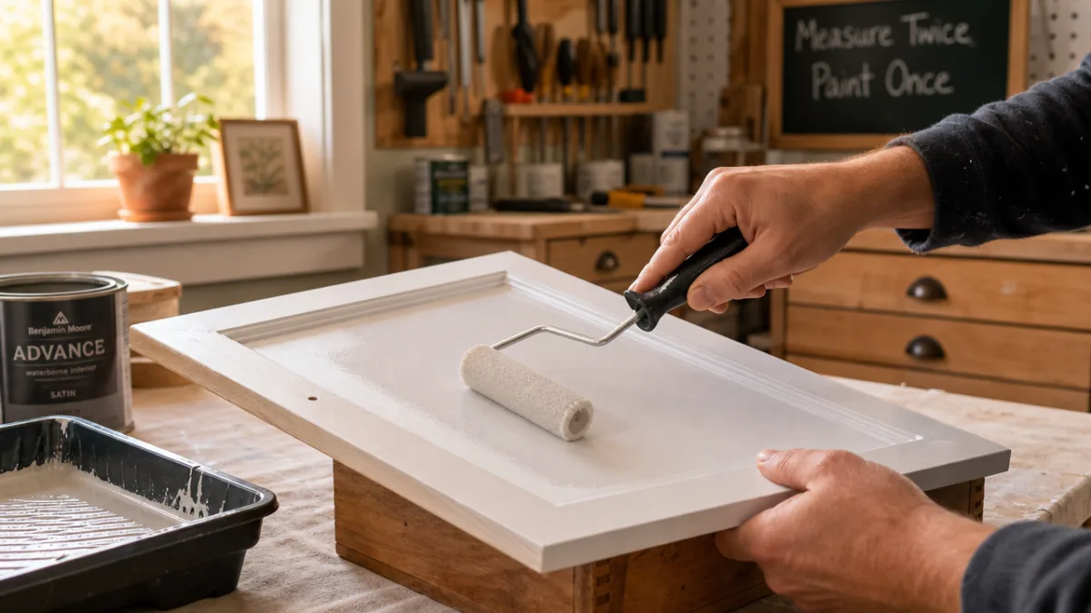 hands carefully painting a drawer front with a small foam roller in…