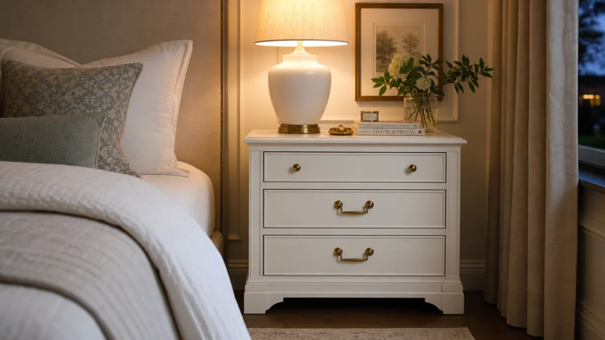 a beautifully styled nightstand with brass hardware and white paint beside a…