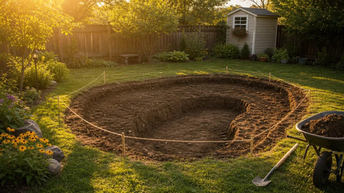 a sunlit backyard with a freshly dug kidney-shaped pond outline marked with…