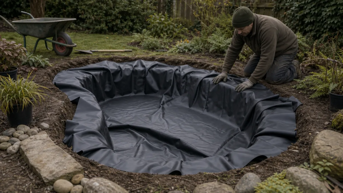 a garden pond liner being carefully installed in a freshly dug hole,…