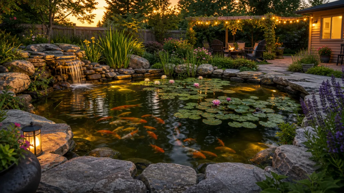 a completed backyard pond with water lilies, goldfish, and stone edging, warm…