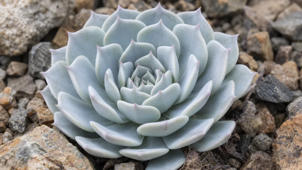 a close-up of a silvery-blue Orostachys iwarenge rosette on rocky soil, soft…
