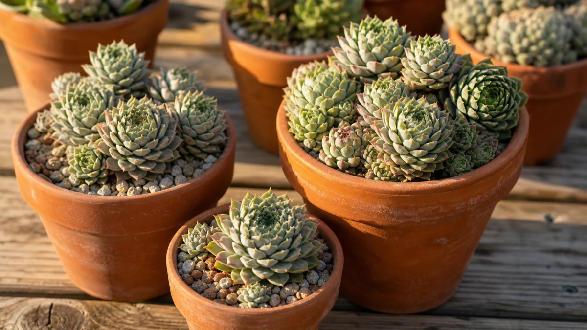 healthy Orostachys iwarenge succulents arranged in terracotta pots on a wooden table,…