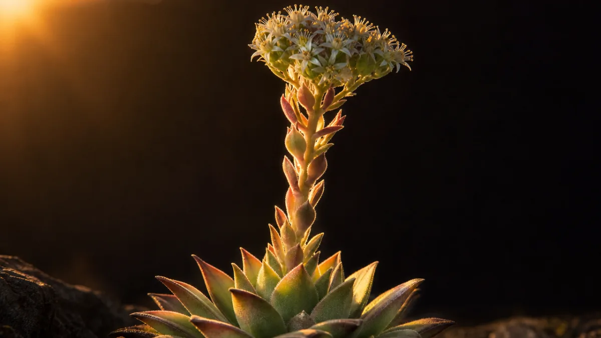 dramatic close-up of Orostachys iwarenge flower spike rising from rosette, golden-hour backlight…