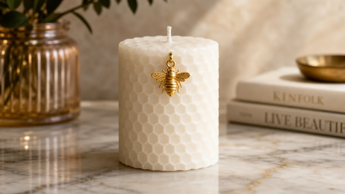 a white honeycomb textured candle with a golden bee charm on a…