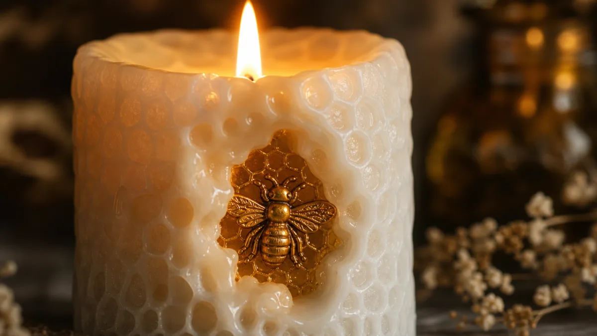 close-up of a burning white candle with honeycomb texture revealing a golden…