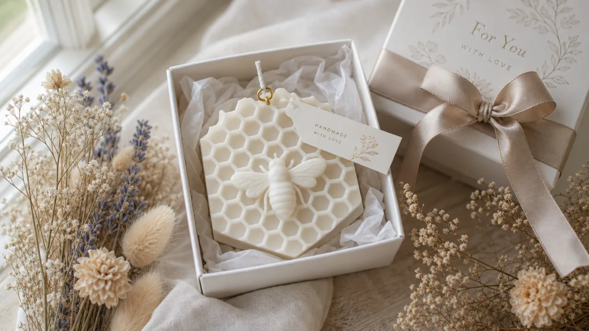 white honeycomb bee charm candle in elegant gift packaging surrounded by dried…