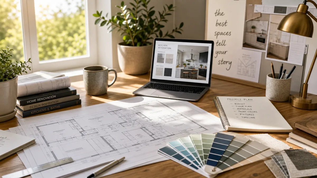 a well-organized home renovation planning desk with blueprints, paint swatches, and a…