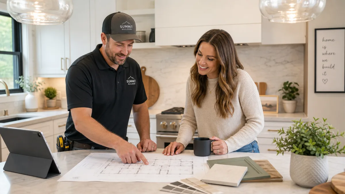 a contractor and homeowner reviewing renovation plans together in a bright modern…
