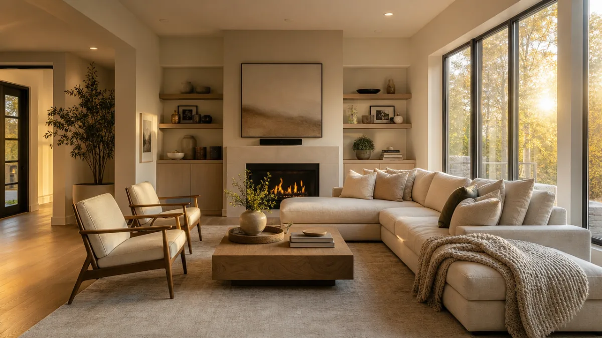 a beautifully finished modern living room with neutral tones, new flooring and…