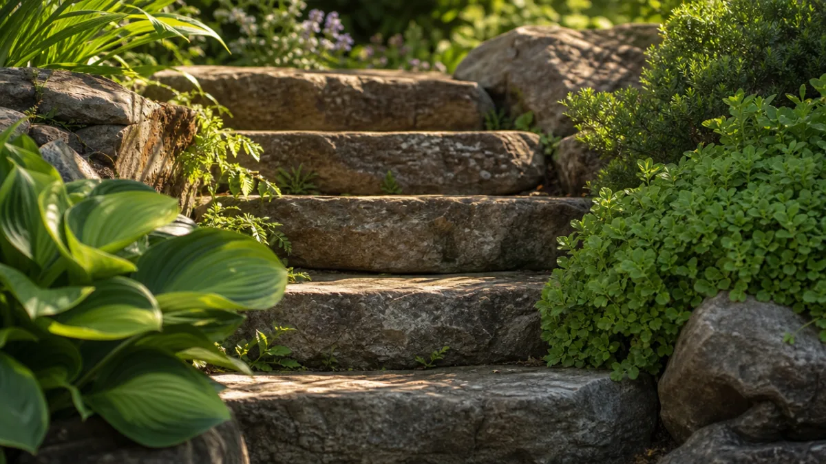 a close-up of natural stone garden steps surrounded by lush green plants,…