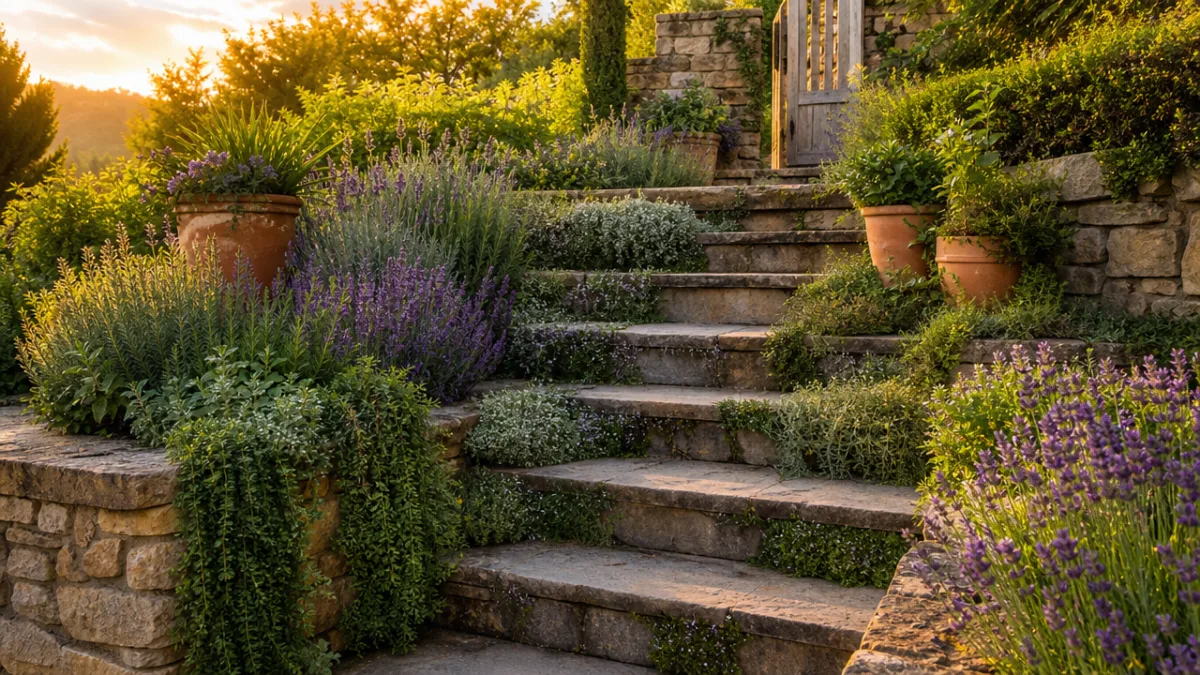 a beautifully planted garden staircase with lavender and trailing herbs spilling over…