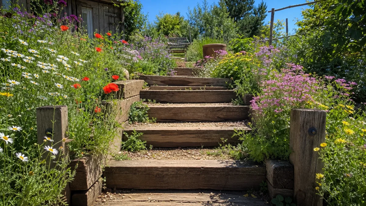 a charming DIY garden staircase built from reclaimed timber sleepers surrounded by…