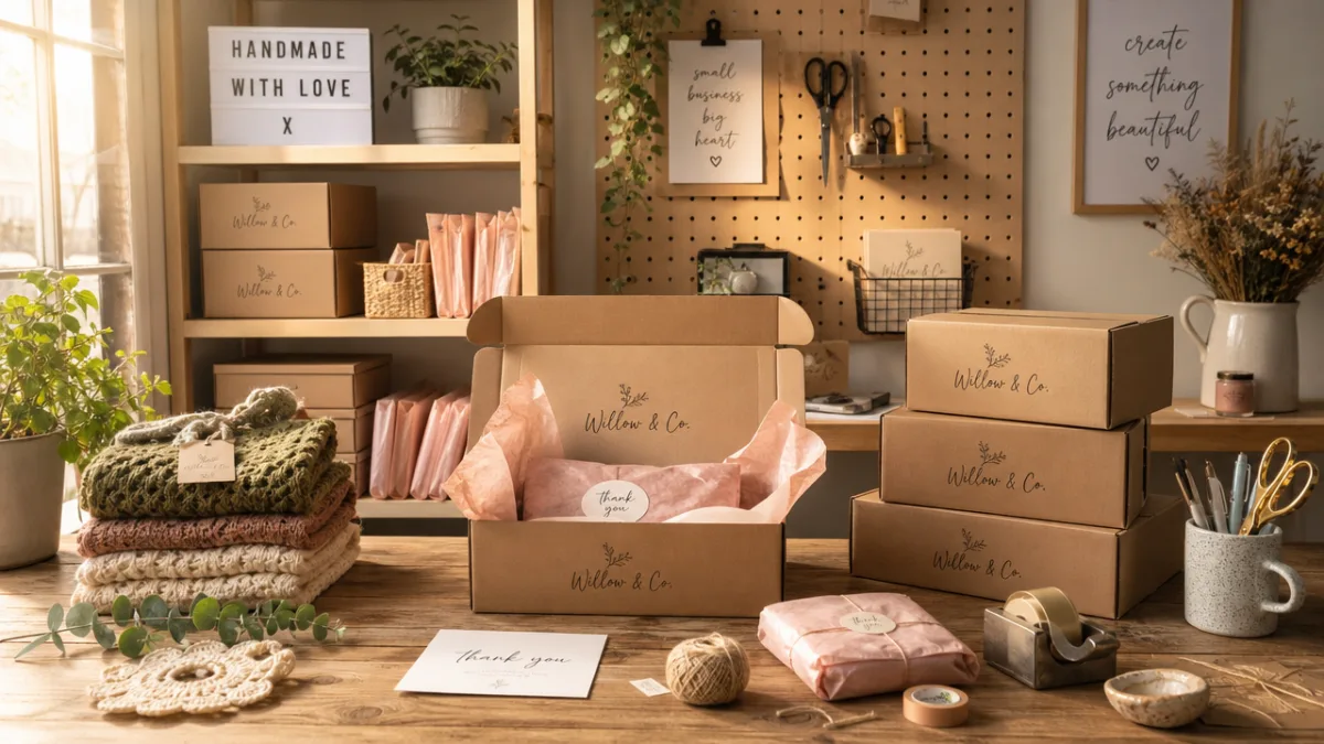 a neatly organized craft packing station with branded boxes, tissue paper, and…