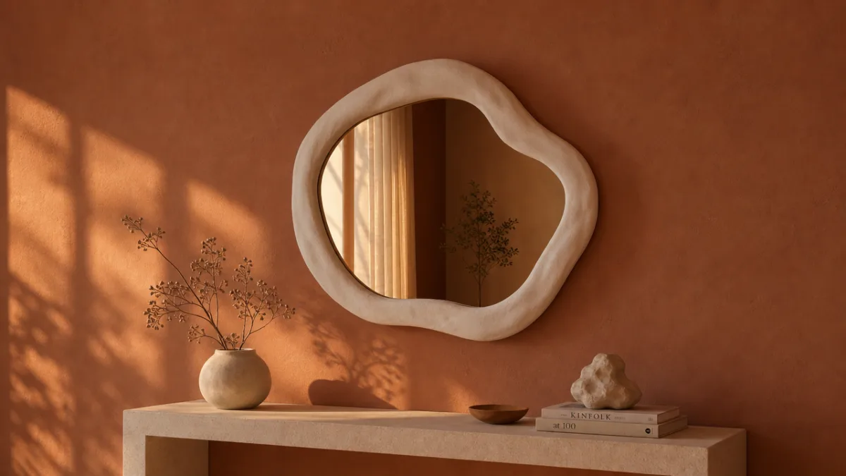 an organic white clay mirror hung on a terracotta colored wall above…