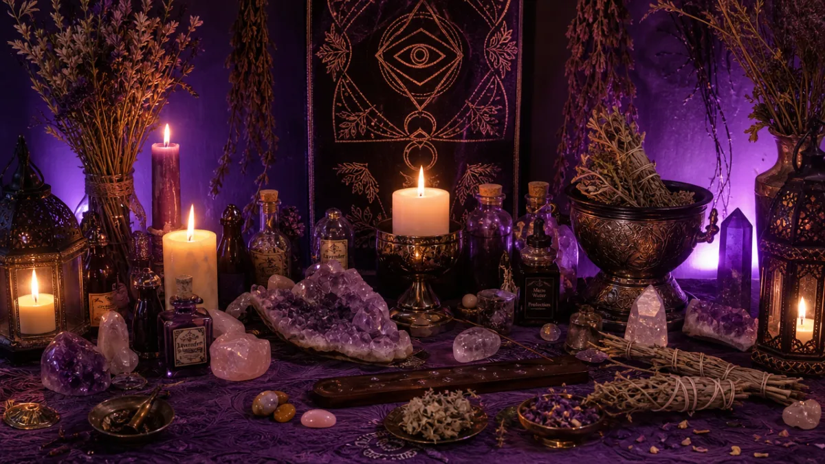a mystical altar with candles herbs crystals and soft purple ambient light…