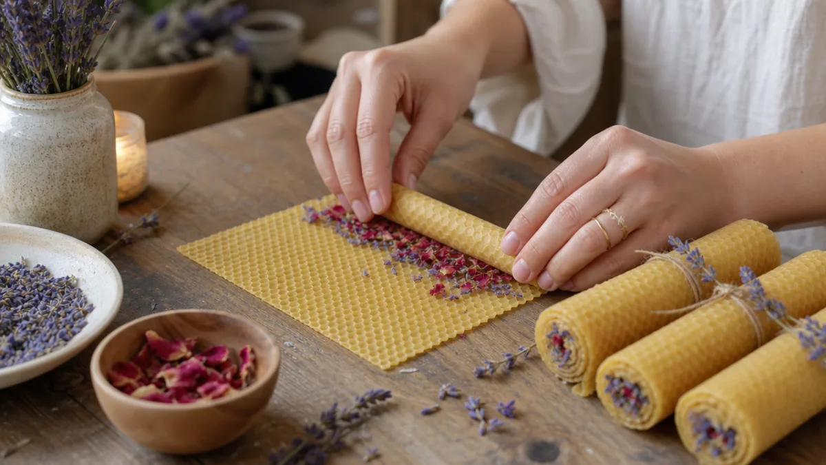 hands carefully rolling beeswax sheets around dried lavender and rose petals, soft…