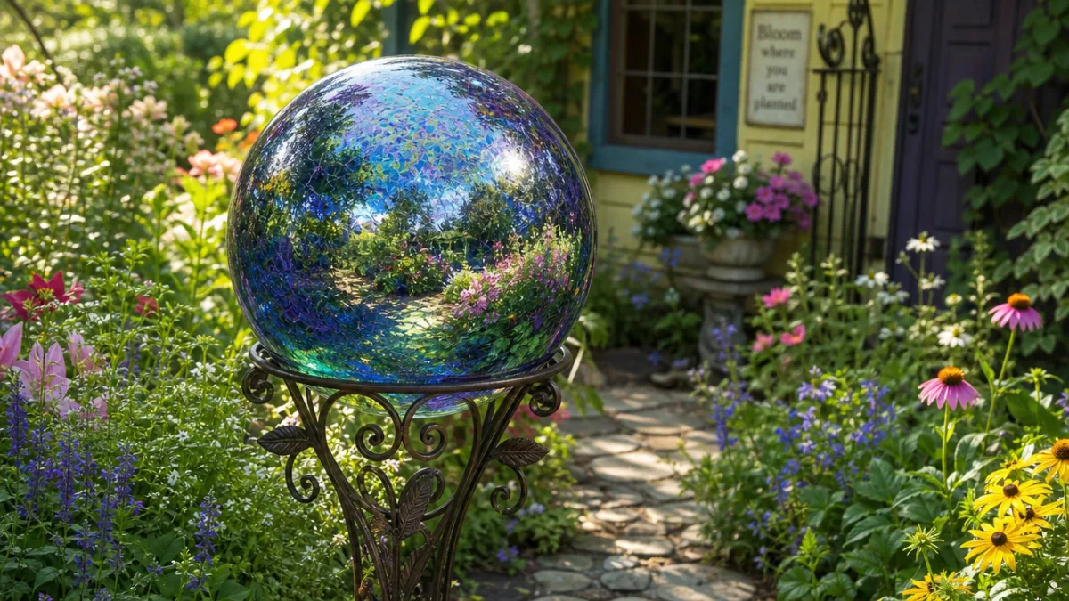 a handcrafted gazing ball on a decorative iron stand in a colorful…