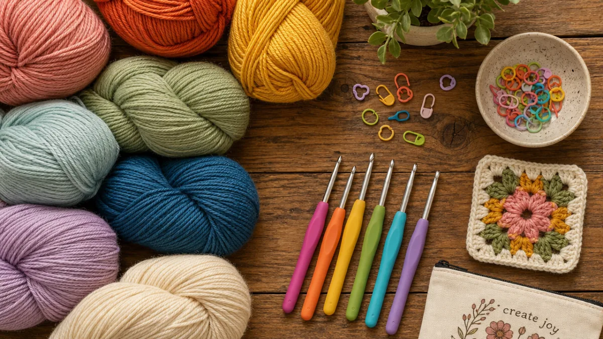a flat lay of colorful yarn skeins, crochet hooks, and stitch markers…