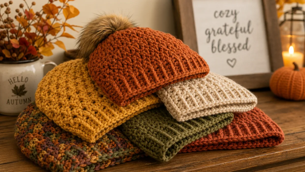 a cozy arrangement of finished crochet hats in autumn colors stacked on…