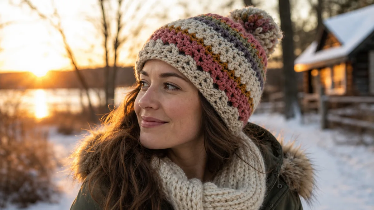 a woman wearing a handmade crochet hat in a cozy winter setting…