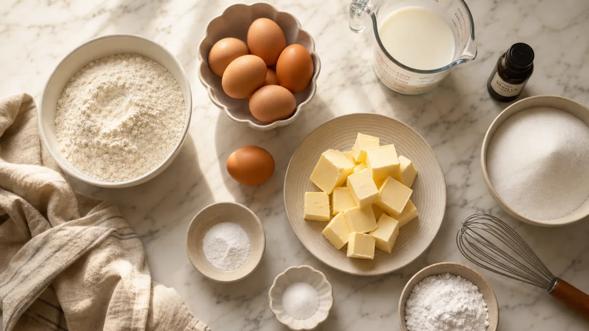 a flat lay of birthday cake ingredients on a marble countertop, warm…
