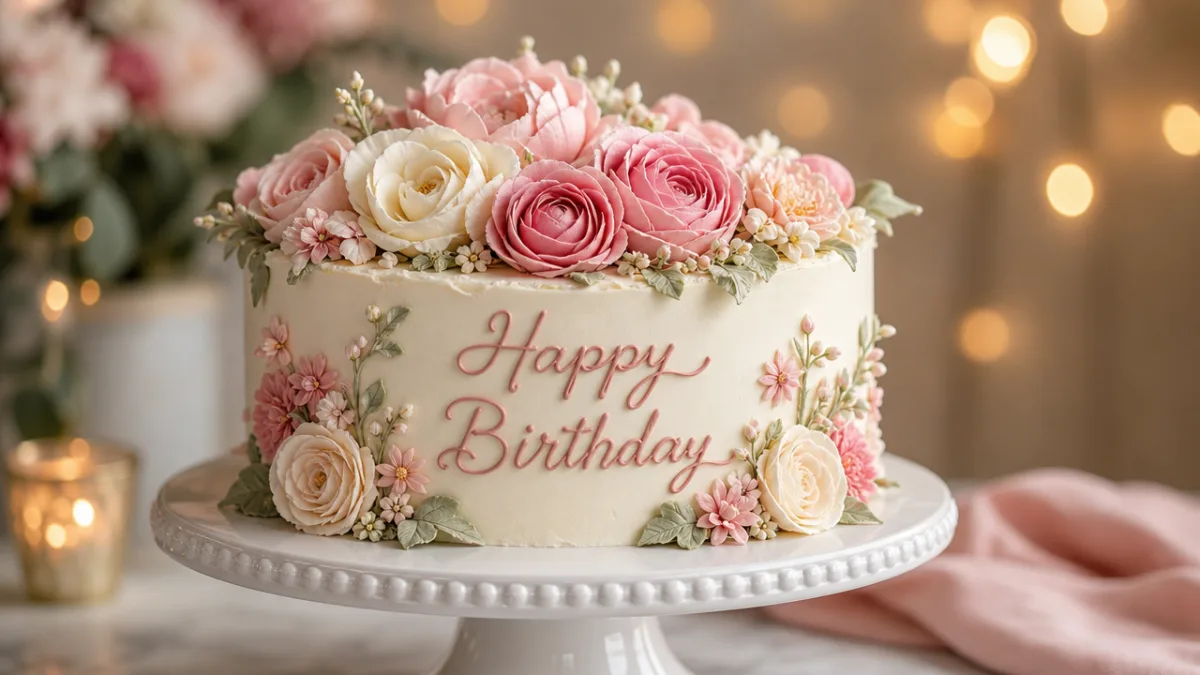 an elegantly decorated birthday cake with buttercream flowers on a white cake…
