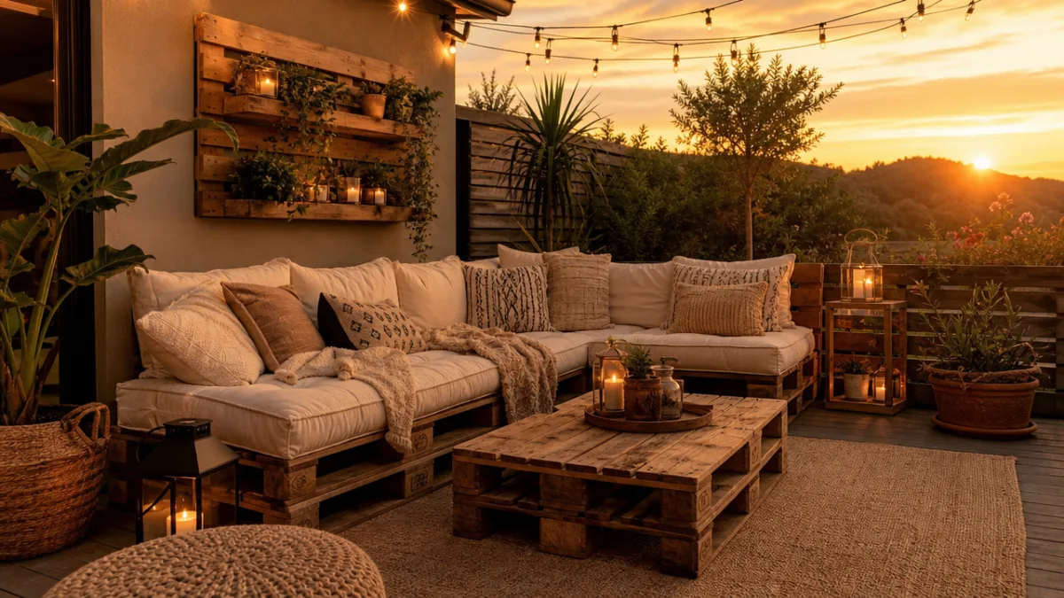 a beautifully styled patio with pallet furniture, plush cushions, and string lights…
