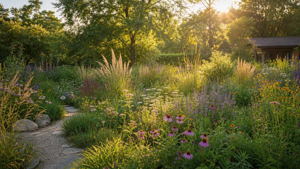 a lush naturalistic garden in golden afternoon light with tall grasses, perennials,…