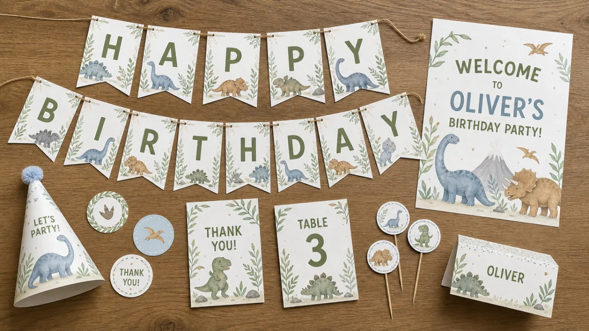 a flat lay of printed birthday party decorations on a wooden table,…
