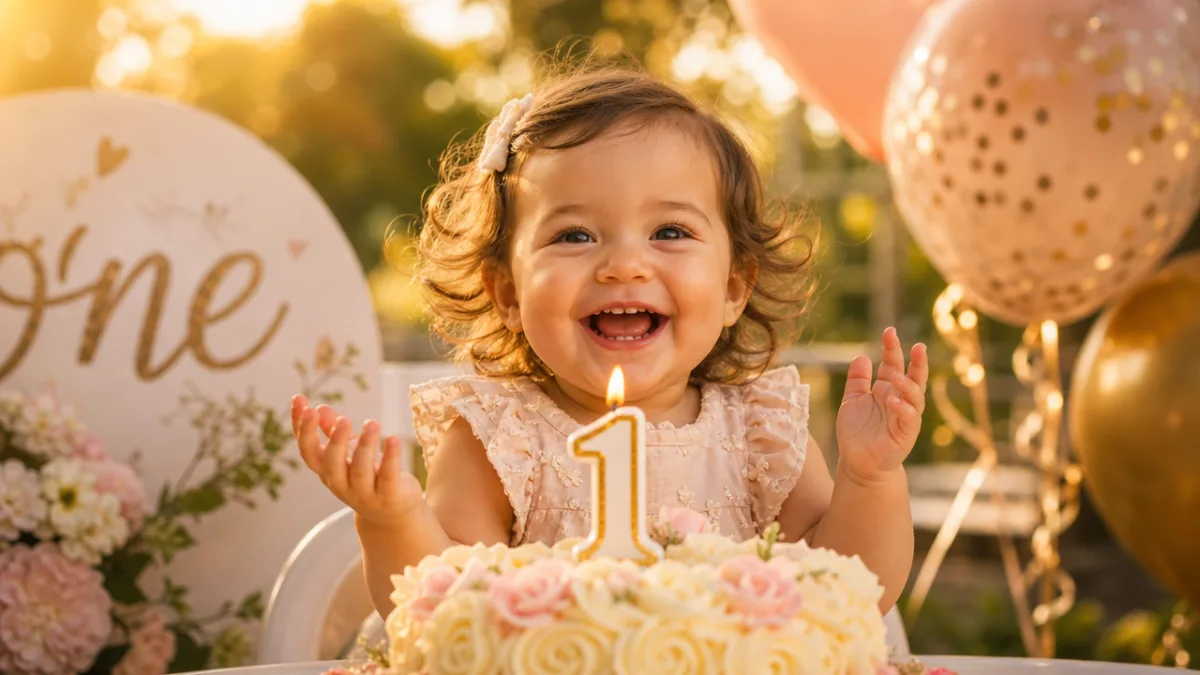 a joyful toddler with a number one birthday candle on a cake,…