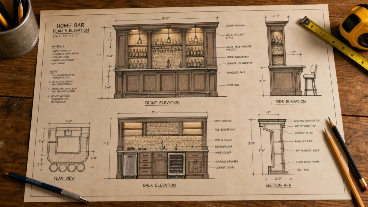 a detailed home bar blueprint spread on a wooden table with pencils…