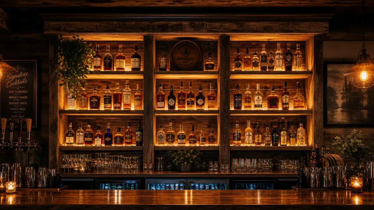 a finished rustic wood bar back glowing with warm LED lighting behind…