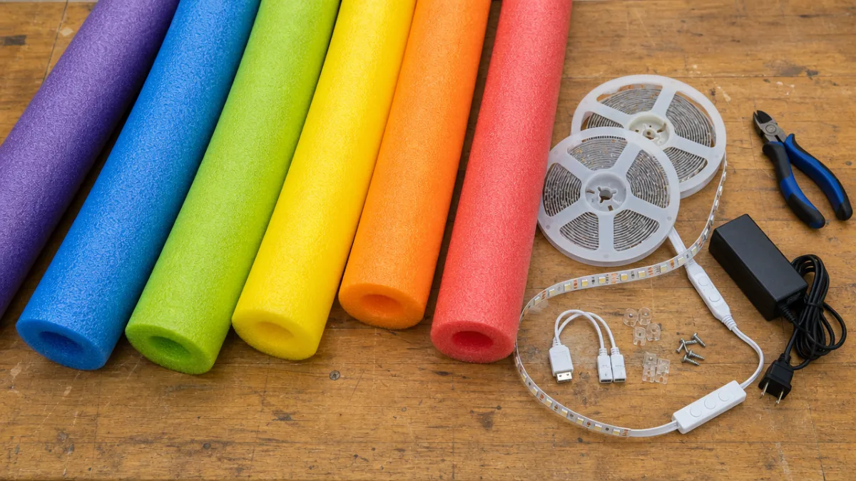 a flat lay of colorful pool noodles and LED strip lights on…