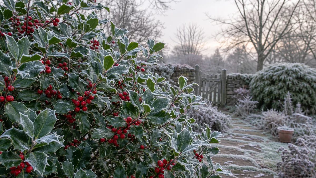 a winter garden scene with red-berried holly shrubs covered in light frost,…