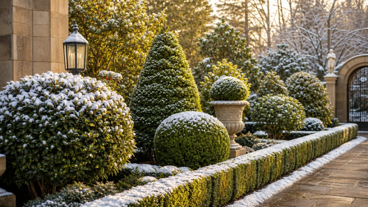 lush evergreen shrubs in a formal garden bed dusted with snow, soft…