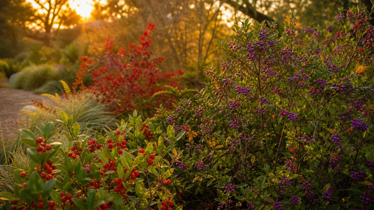 colorful native berry shrubs in a naturalistic garden, golden hour light with…