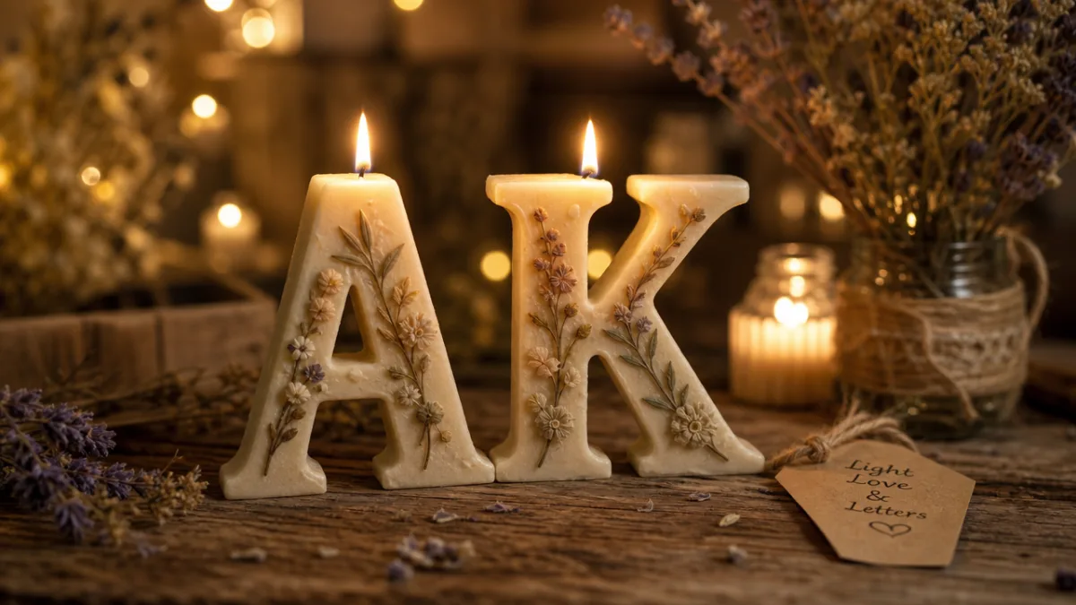 a rustic wooden table with handcrafted initial candles, warm golden candlelight, soft…