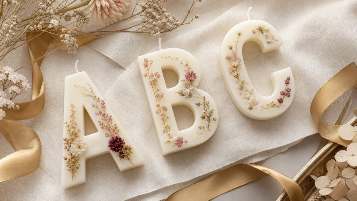 an elegant flat lay of personalized initial candles with dried flowers and…