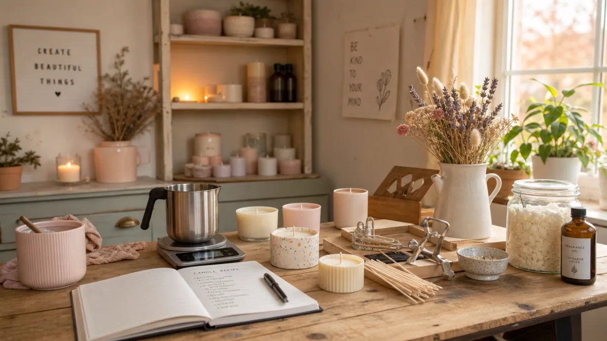 a cozy home studio workspace with candle-making supplies, pastel tones, warm afternoon…