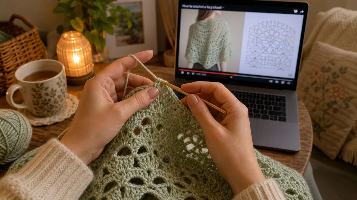 a woman's hands crocheting a pale green lacy shawl with a laptop…