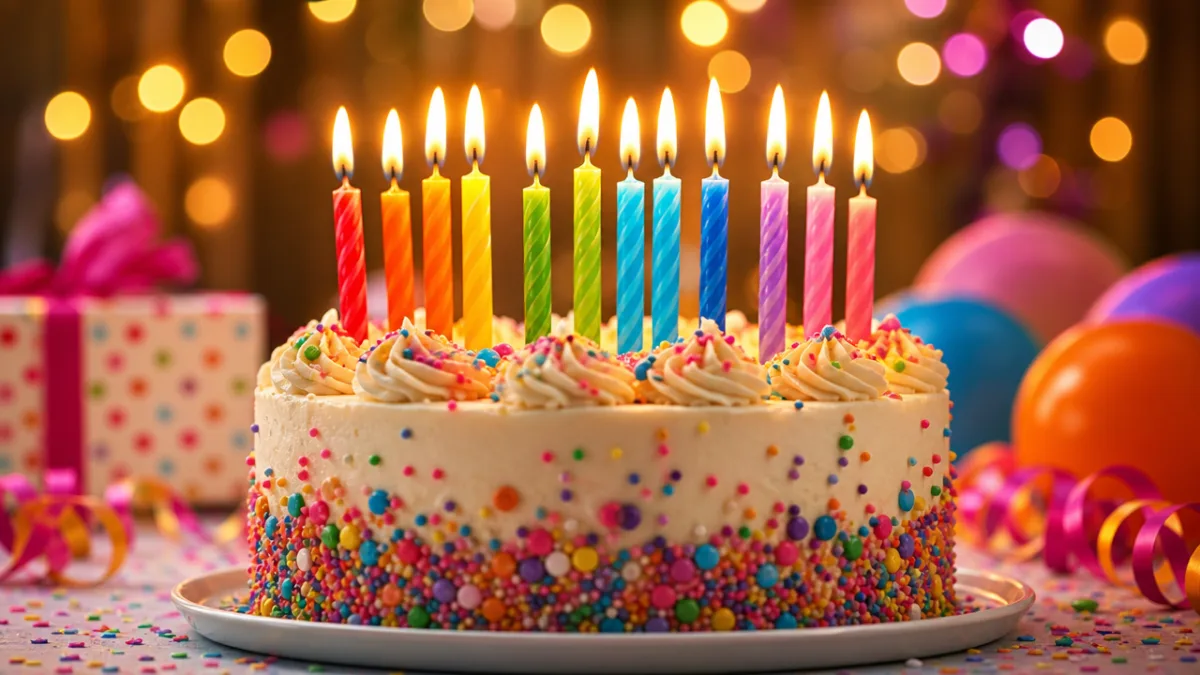 a colorful birthday cake with lit rainbow candles glowing warmly, soft bokeh…