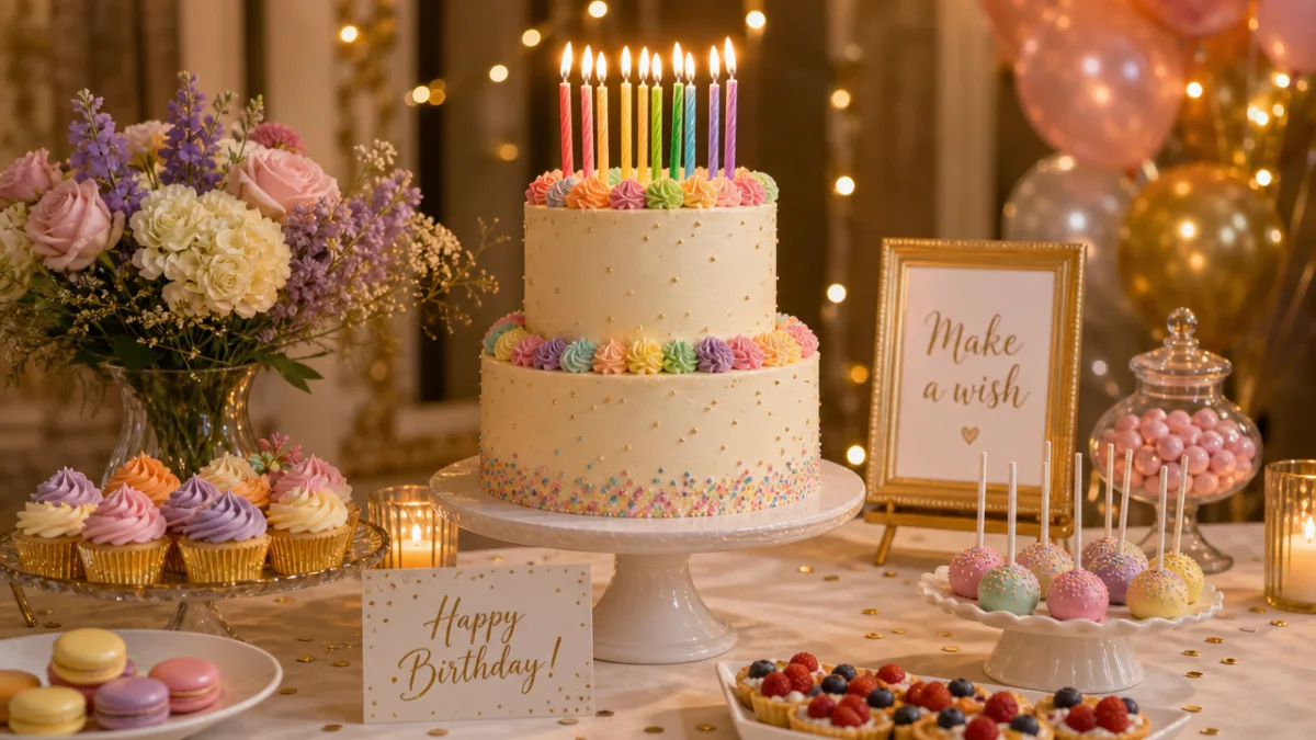 an elegant dessert table with a tiered birthday cake decorated with rainbow…