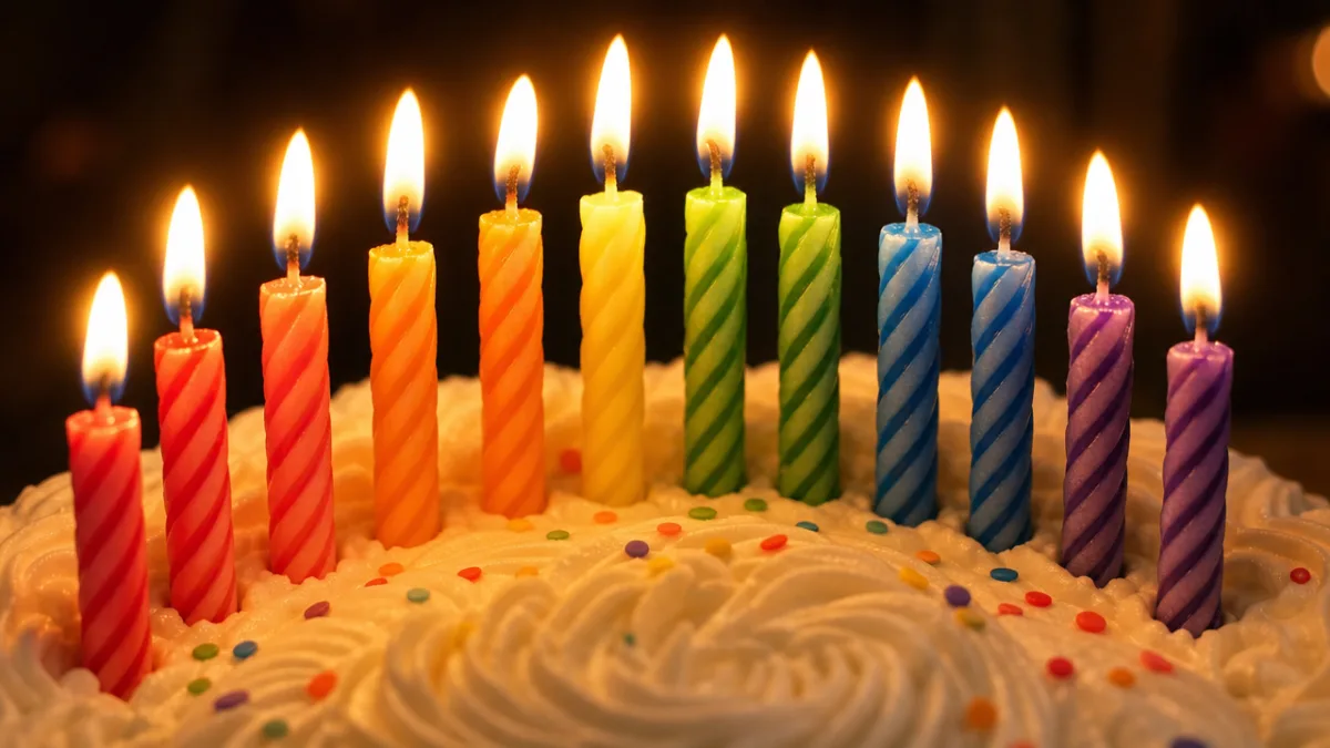 close-up of rainbow birthday candles arranged in an arc on a white…