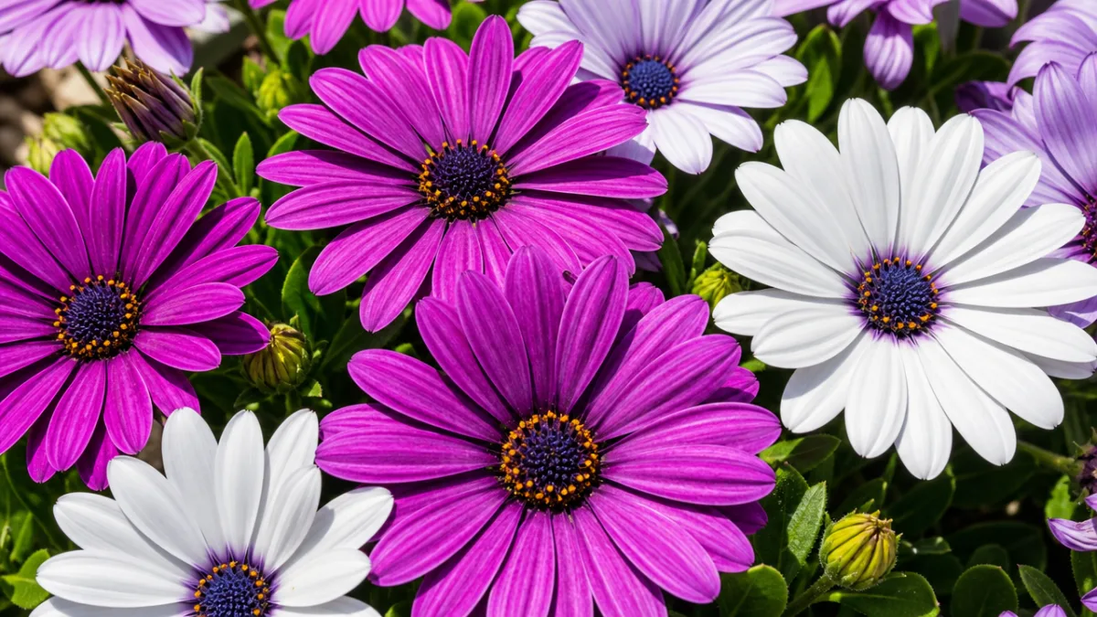 a close-up of vibrant purple and white osteospermum flowers in full bloom…