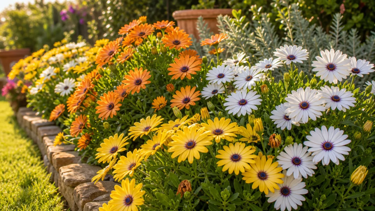 a sunny garden border filled with colorful osteospermum plants in yellow, orange,…