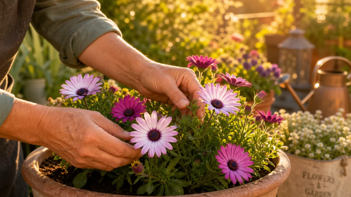 a gardener's hands gently tending osteospermum plants in a sunny container garden,…