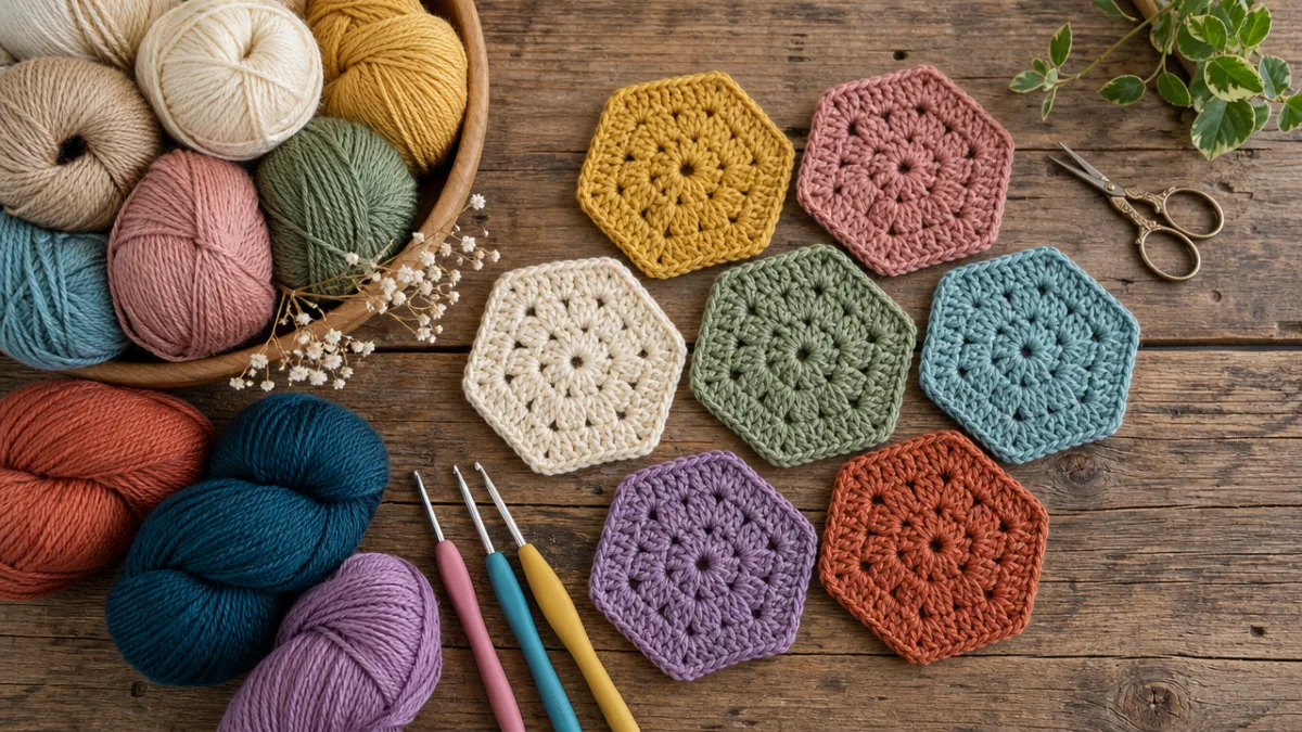 flat lay of colorful yarn skeins, crochet hooks, and hexagon swatches arranged…